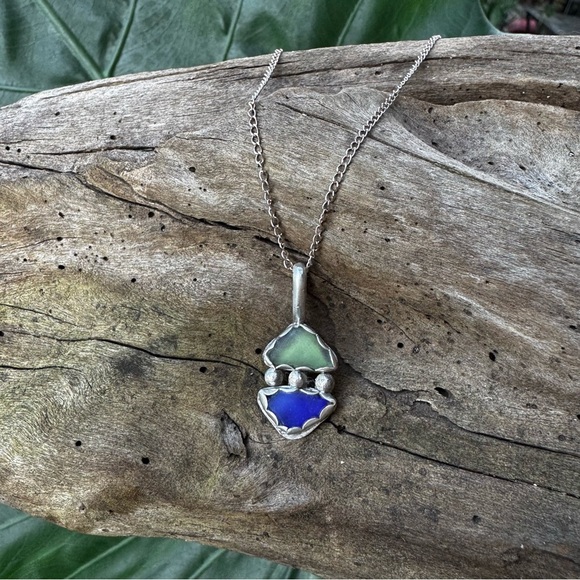Double sea glass necklace Handmade 995 925 sterling silver soldered Puerto Rico - Picture 2 of 3